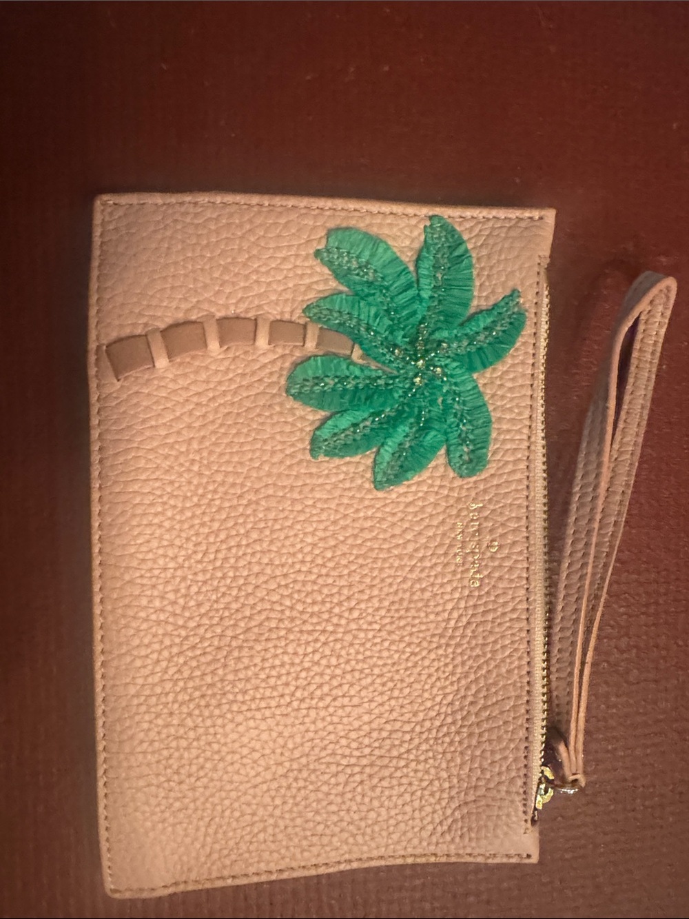 kate spade Beige Wristlet Clutch with Green Palm Applique